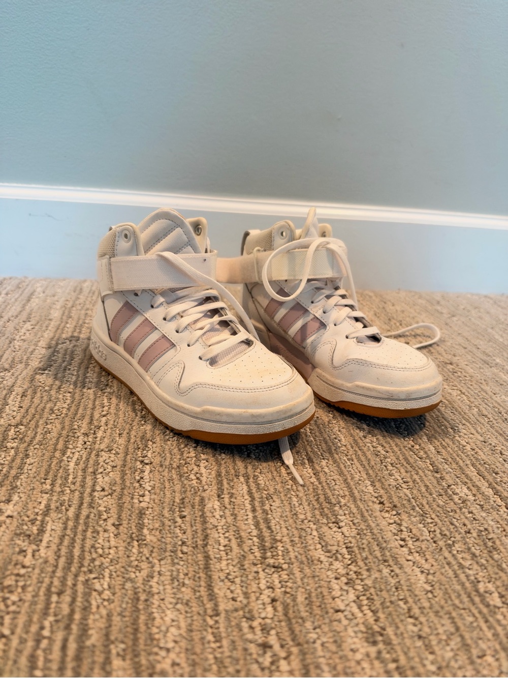 adidas Kids High-Top Sneakers in Off-White with Light Pink Stripes
